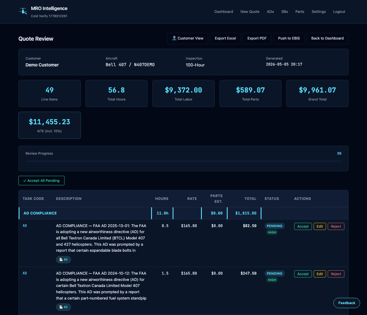 Quote review screenshot with line items and citations