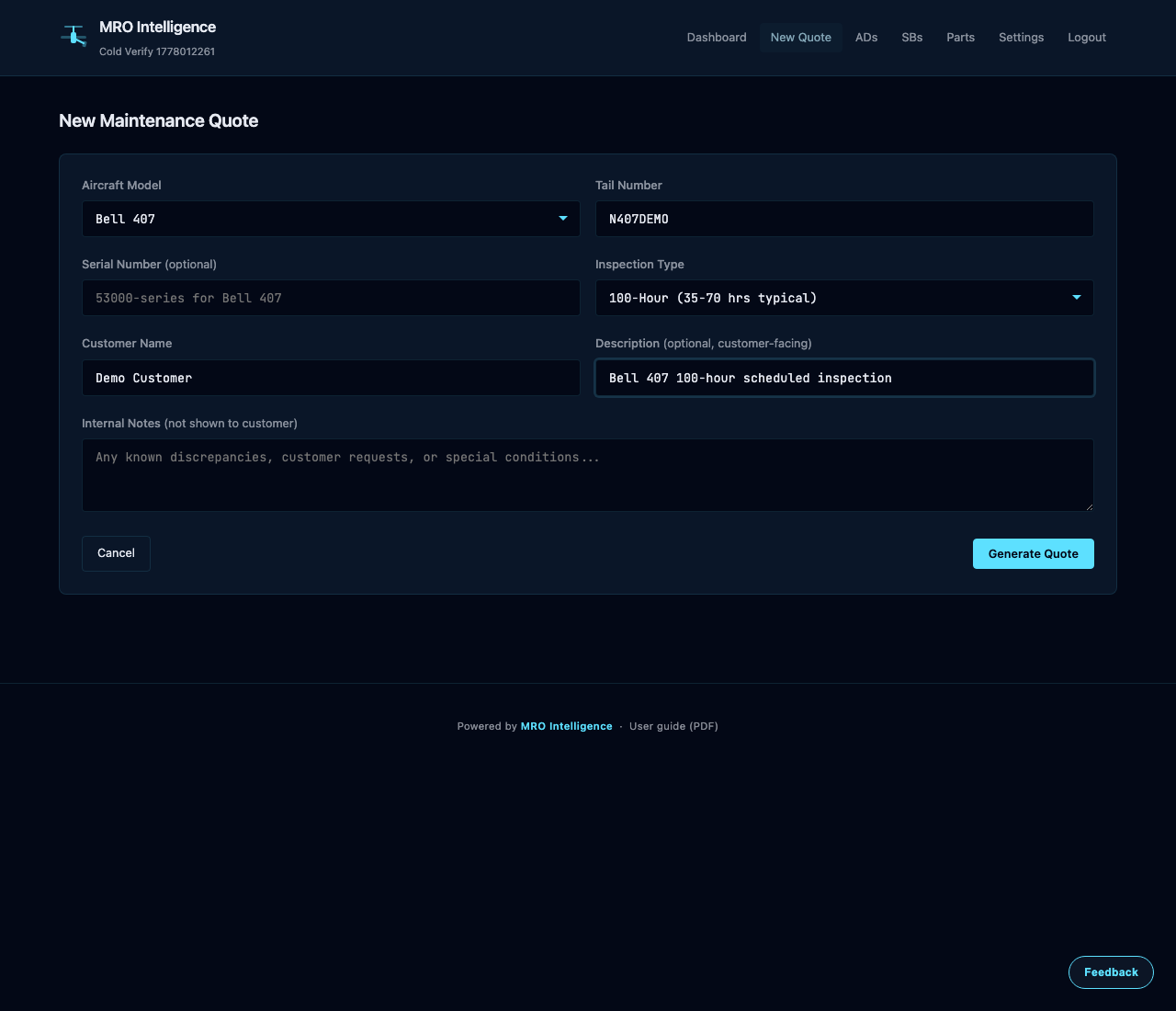 New quote RFQ form screenshot